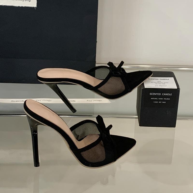 Fish Mouth Open-toed Stilettos Summer New Sexy Mesh Women's Shoes Wear Pointed Bow Cool Slippers