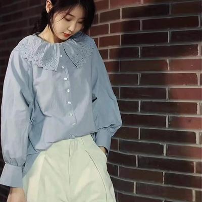 Vintage Baumwolle Einfarbig Peter Pan Kragen Lose Shirts Frauen Frühjahr Neue Taste Weibliche Blusen
