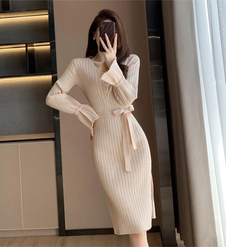 TOWYYO Gestrickt Niedlich mit Glöckchen Lang Einfarbig Beige Damenkleid, Schleife, Ärmel, Ärmel, V-Ausschnitt, A-Linie, Schlankmachend, Knielang, Farbe, Stilvoll, Frühling,