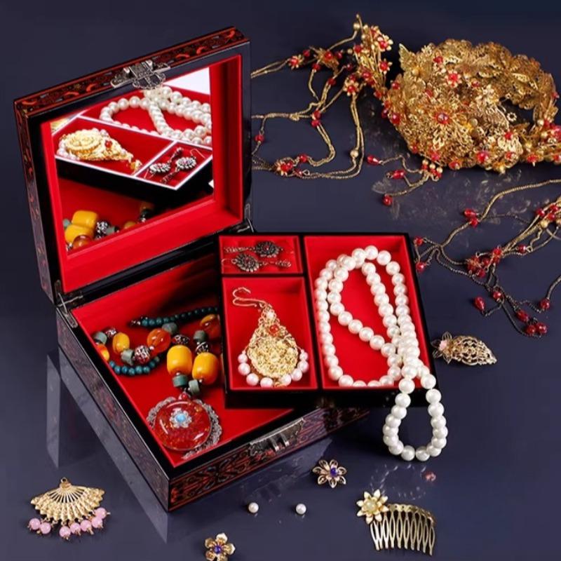 Vintage Chinese Lacquer Jewelry Box Han Pattern Classical Wooden Gift Box Luxury Storage