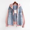Spring Autumn Fake Two Piece Denim Jacket Women Loose Splicing Cardigan Hooded Baseball Coat Casual Ladies