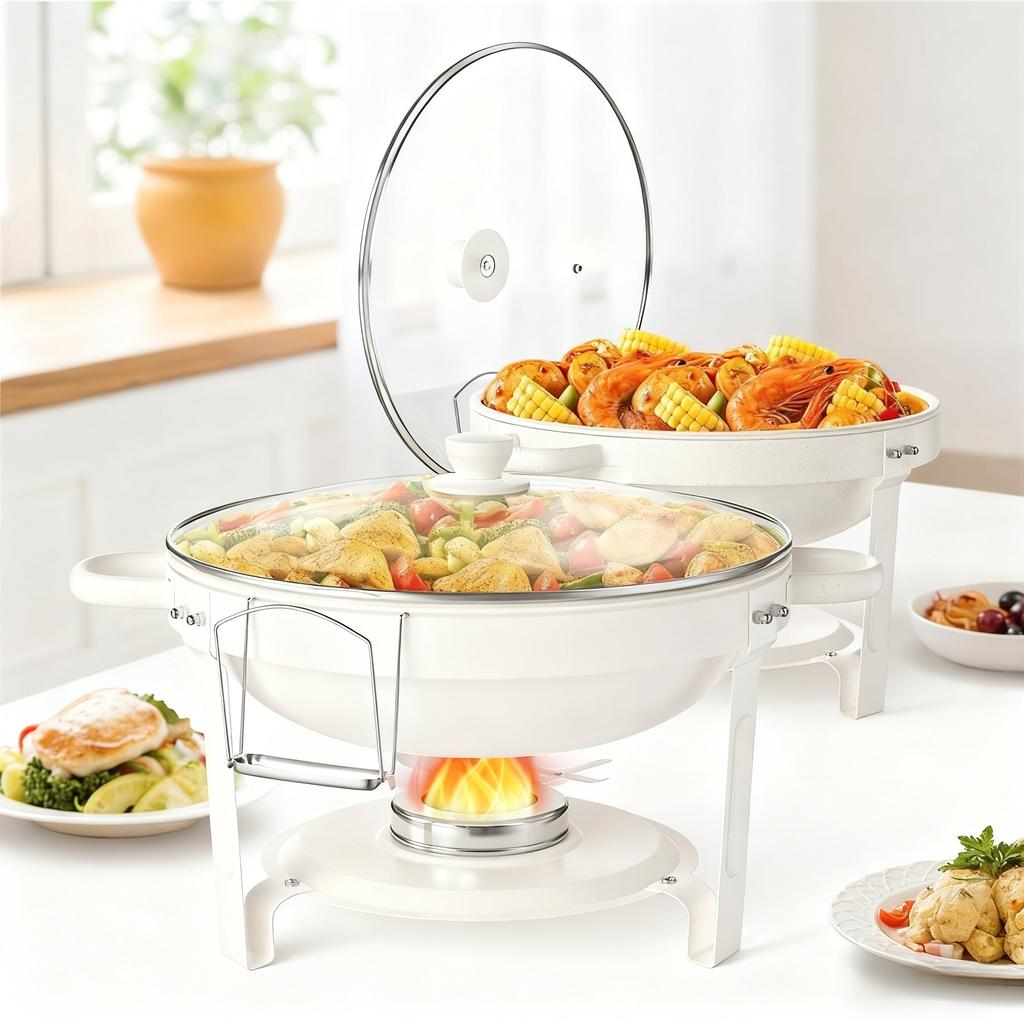 White Chafing Dishes for Buffet with Glass Lid (5QT, 1-2-4Pack), Stackable, Lid Holder for Party, Wedding