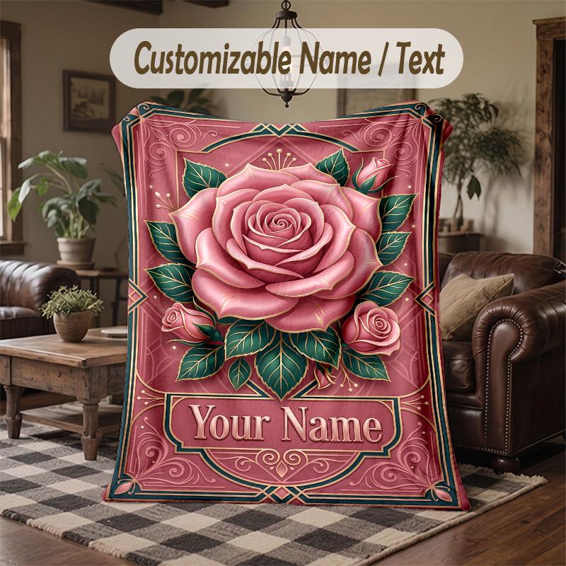 Roses Butterflies Garden Theme Throw Blanket Custom Name Text Personalized Blanket Soft Cozy Blanket for Home Sofa Bed