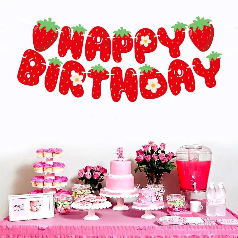 Strawberry Banner Happy Birthday Theme Cake Table Party Boy Girl Party Decoration Supplies Baby Shower Decoration Pull Flag