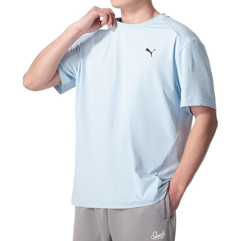 Puma Solid Color Loose Fit Drop Shoulder Round Neck Pullover Short Sleeve T-Shirt Unisex Tops Light-Blue 682915-69