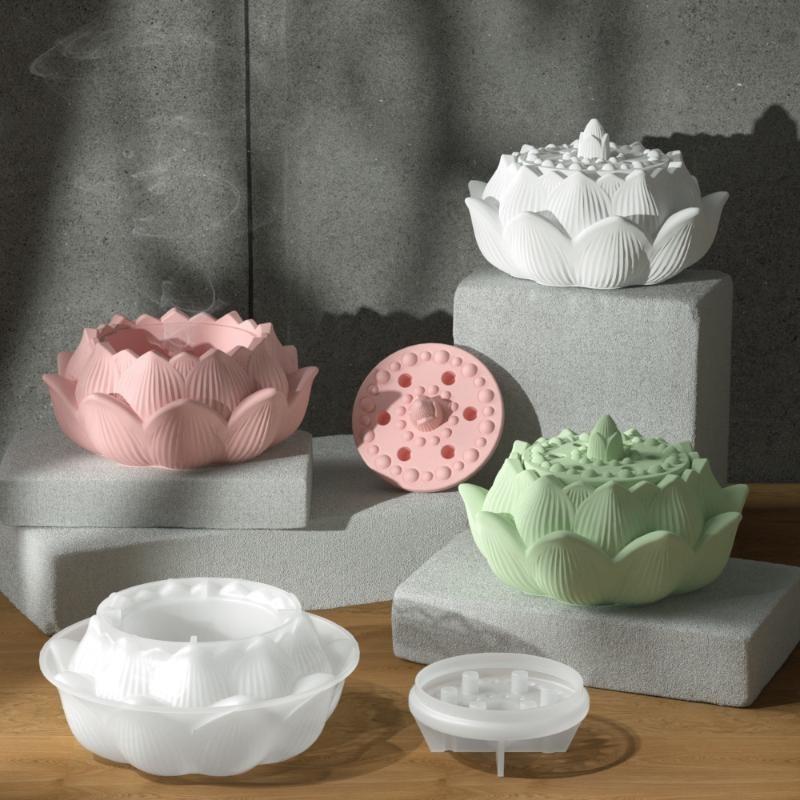 Lotus Incense Burners Silicone Mold Aromatherapy Gypsum Lotus Jar Storage Box Candle Cup Grinding Tool
