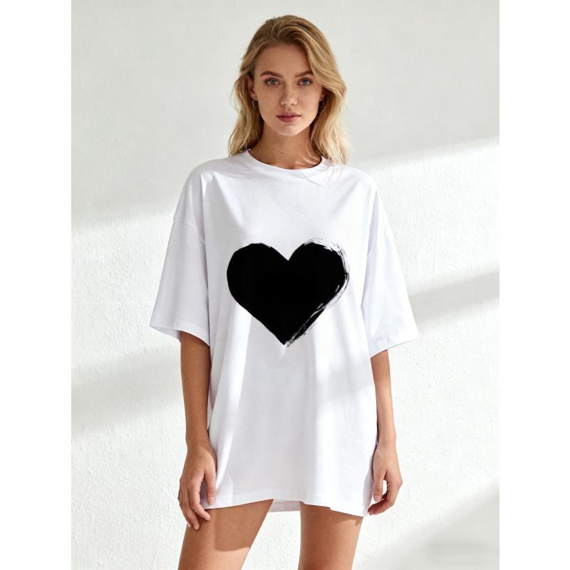 Oversized T Shirt Black Heart Print Casual Wear For Women Street Style Fashion Top Summer Outfit Trendy Loose Fit Graphic Tee