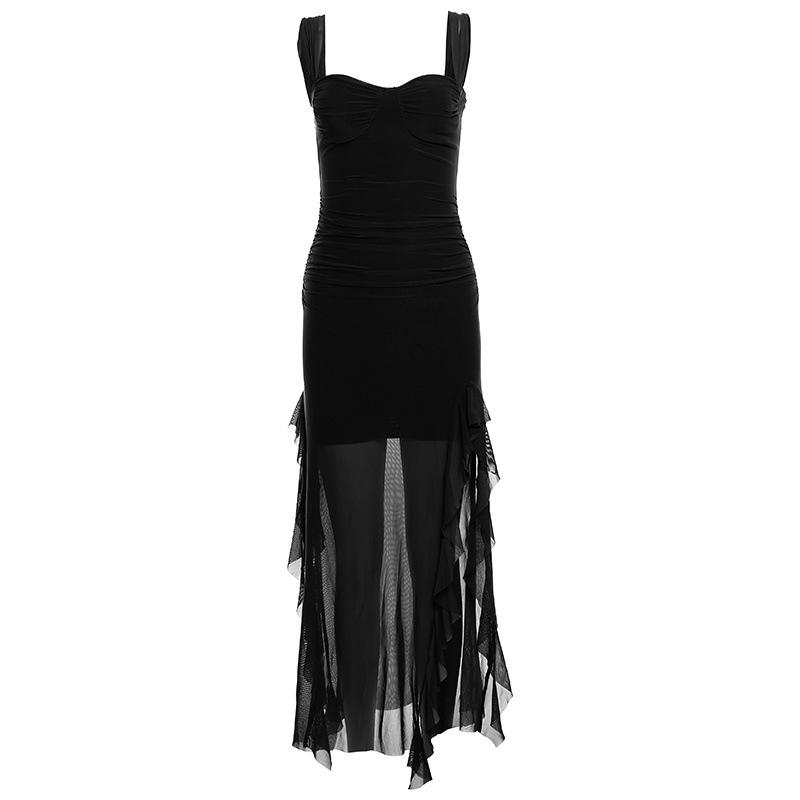 Women's Early Spring High-Waist Mesh Ruffle Bodycon Dress with Square Neck and Slit