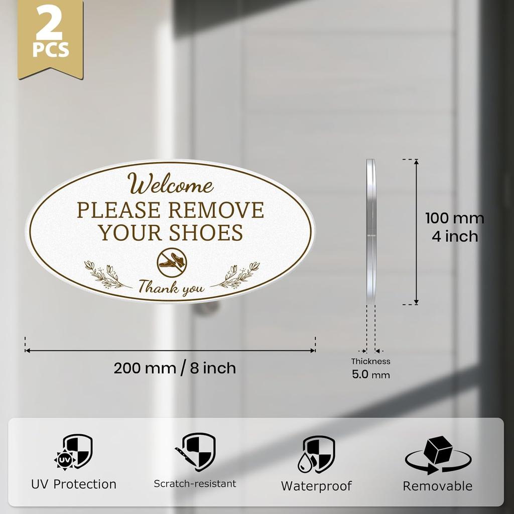 2 Pack Please Remove Your Shoes Sign 8 × 4 Inches White Acrylic Self-Adhesive Waterproof Fade Resistant Welcome Signage for Home Front Door Office