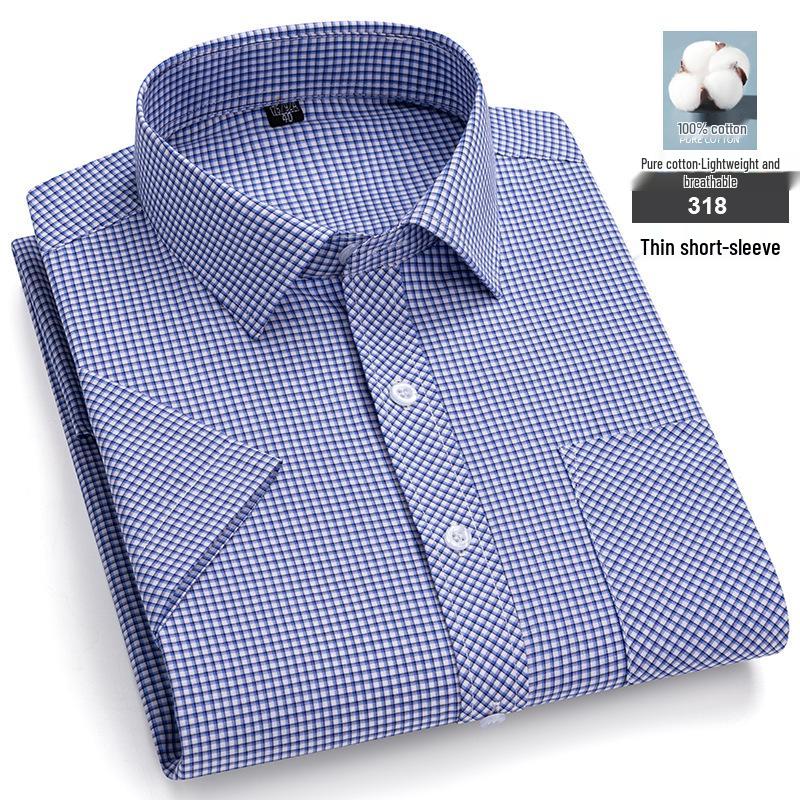 Men's Summer Plaid Cotton Short Sleeve Shirt - Breathable & Sweat-Absorbing