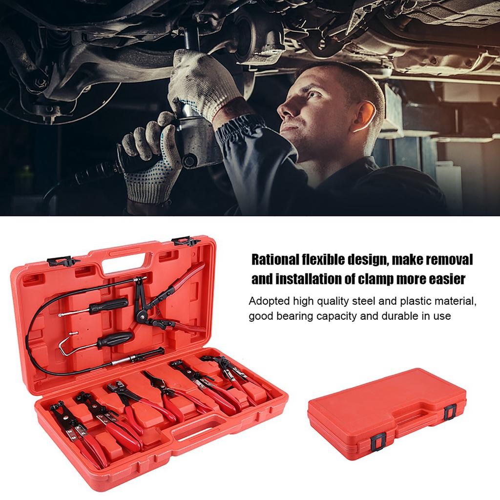 9pcs Flexible Hose Clamp Clip Plier Set Safe Durable Clamp with Swivel Jaw Flat Angled Band for Automotive Repair Tools