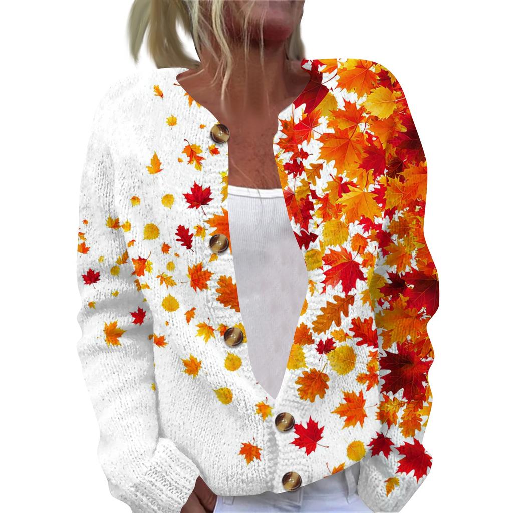 Women's fashionable maple leaf printed long-sleeved knitted cardigan with buttons