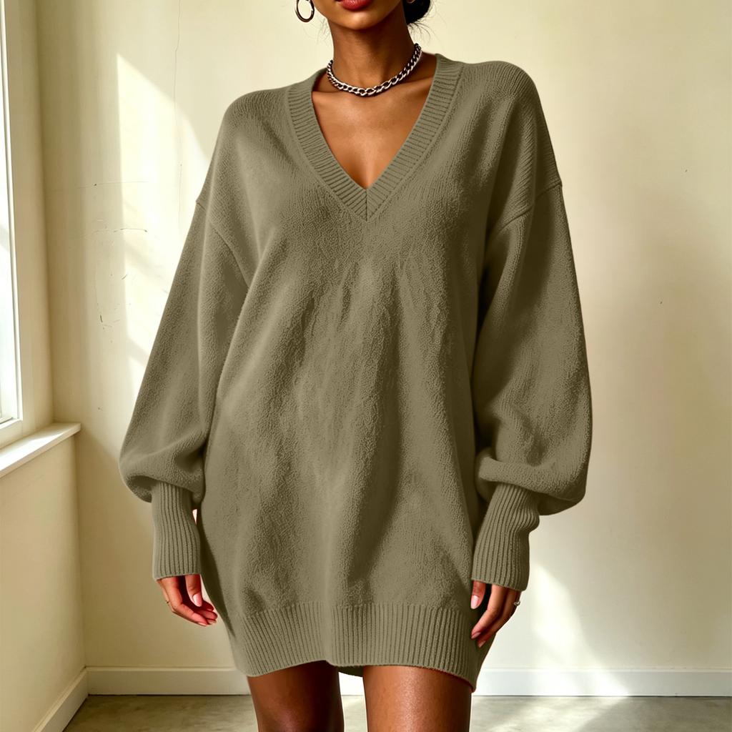 Women's Loose Fit Midi Sweater Dress with Sleeves and Collared Neckline