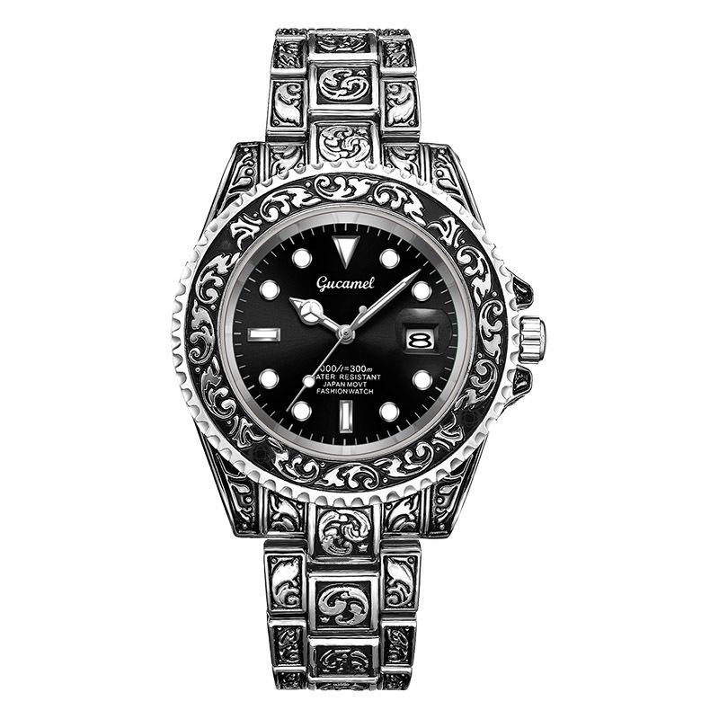 Новые мужские ретро часы с резным кварцевым механизмом, календарем и люминесцентными стрелками, классические повседневные часы