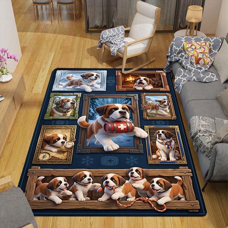Saint Bernard Puppies Adventure Pattern Rug Floor Mat for Living Room or Bedroom Soft and Comfortable Carpet a Gift for Birthday and Holiday.