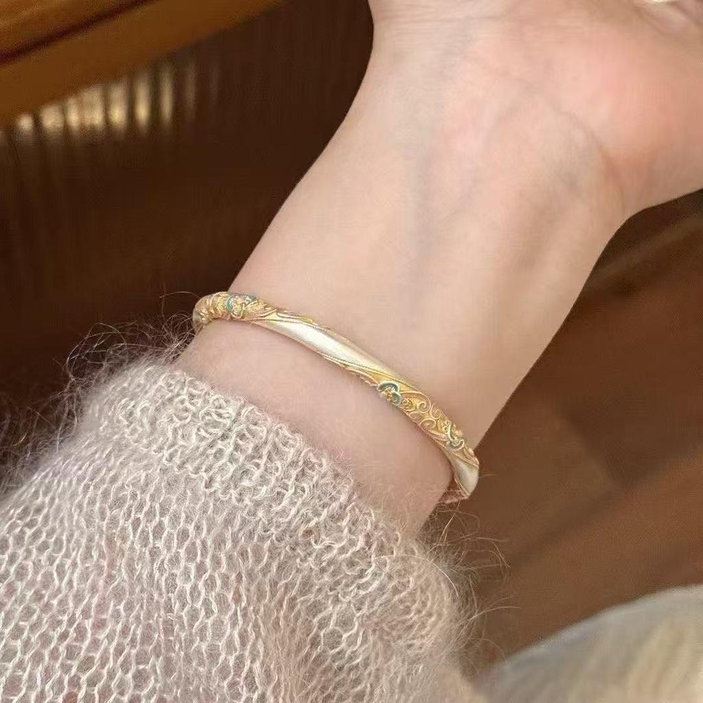 Women's Ethnic Sterling Silver 9999 Bracelet with Gold Inlay, Enamel Blooms, & Four-Leaf Clover Design