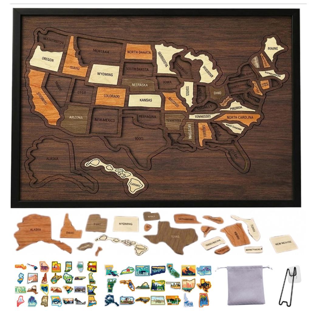 New Wooden USA Maps Puzzle Reusable Landmarks Cork Travel Map Multi-Purpose Portable Wooden Puzzle for Home Decor Remarks