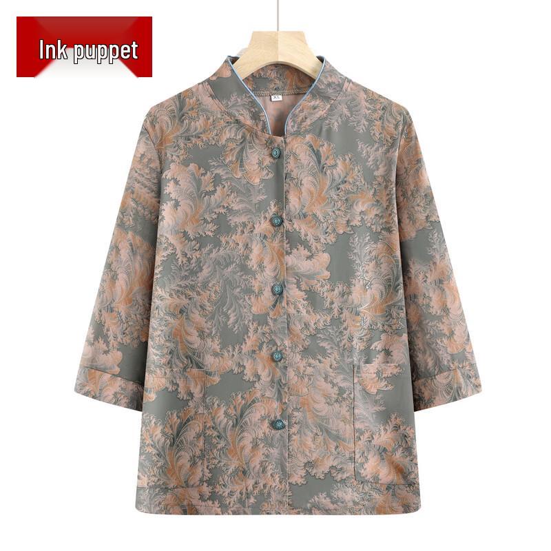 Elderly Women's Floral Print 7-Sleeve Cardigan Shirt