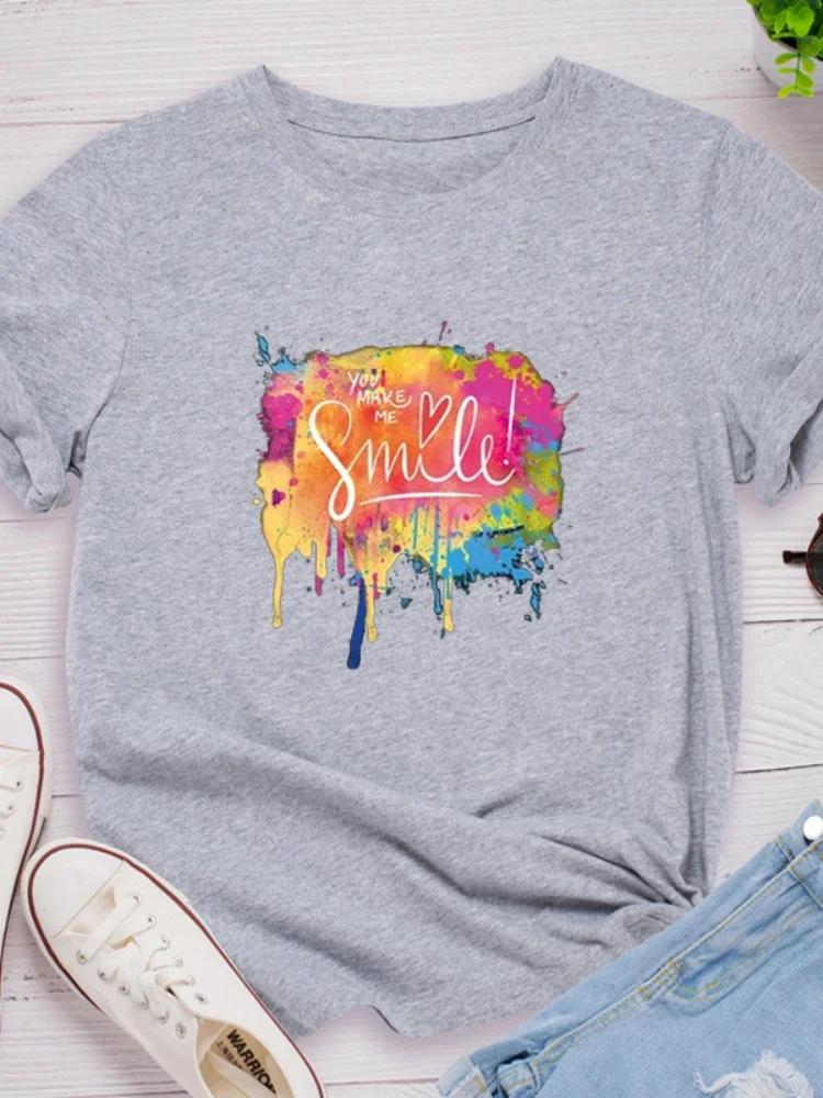 You Make Me Smile Multicolor Print Women T Shirt Short Sleeve O Neck Loose Women Tshirt Ladies Tee Shirt Tops Camisetas Mujer