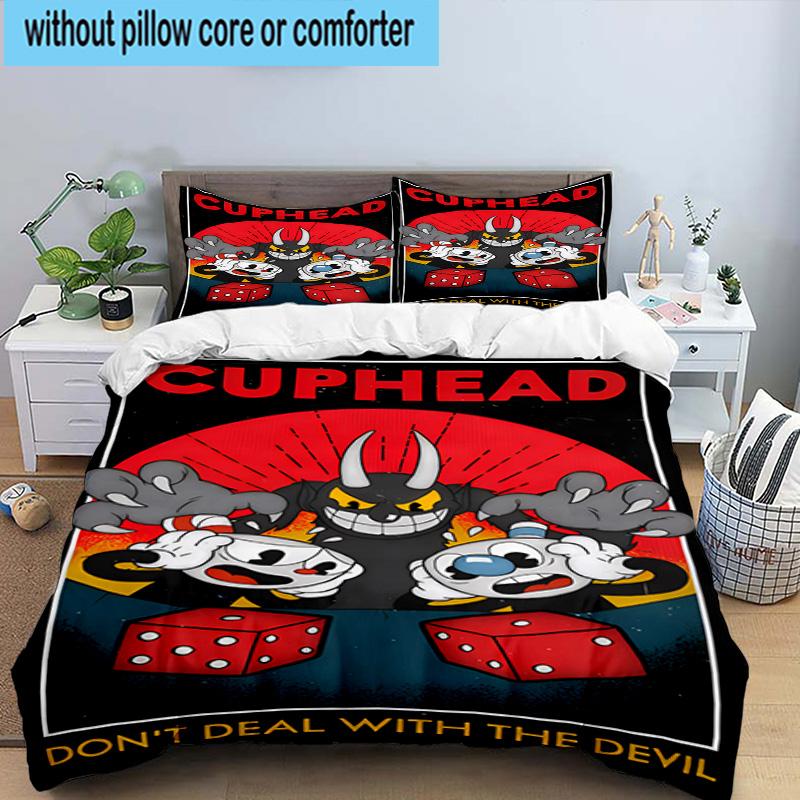 3PCS Cup-head And Mugman Adventure 3pcs Bedding,Including 3PCS Duvet Cover And 2pcs Pillowcases Perfect for Christmas,Ideal for Bedroom, Dormitory