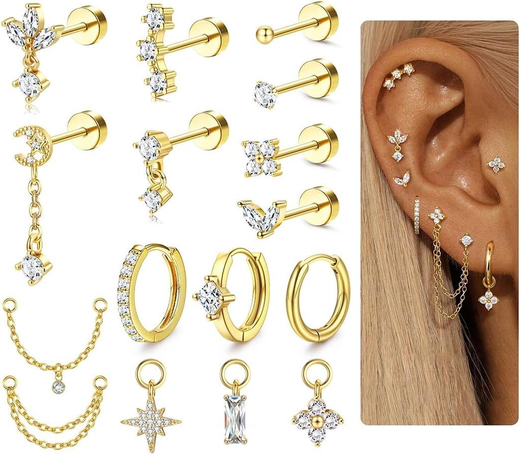 Orecchini per Cartilagine Calibro 16 per Donna Dorso Piatto Ipoallergenici Acciaio Chirurgico 316L Orecchino a Perno Cerchio Set Impilabile Gioielli Piercing