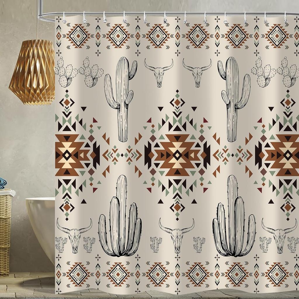 Western Country Tribal Geometric Cactus Shower Curtain Bathroom Decoration Polyester Waterproof Shower Curtain with 12 Hooks