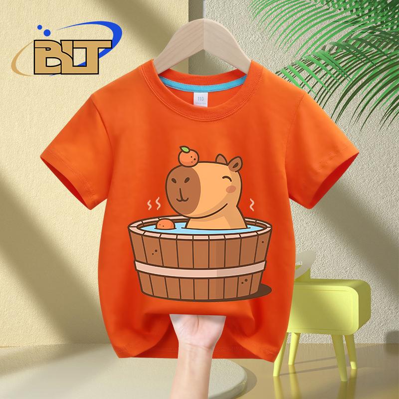 Capybara in hot tub printed Kids TShirts summer childrens pure cotton shortsleeved casual tops boys and girls gifts