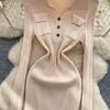 Spring Autumn Women Elegant Polo Collar Full Sleeve Knitted Sweater Mini Short Sheath Dresses