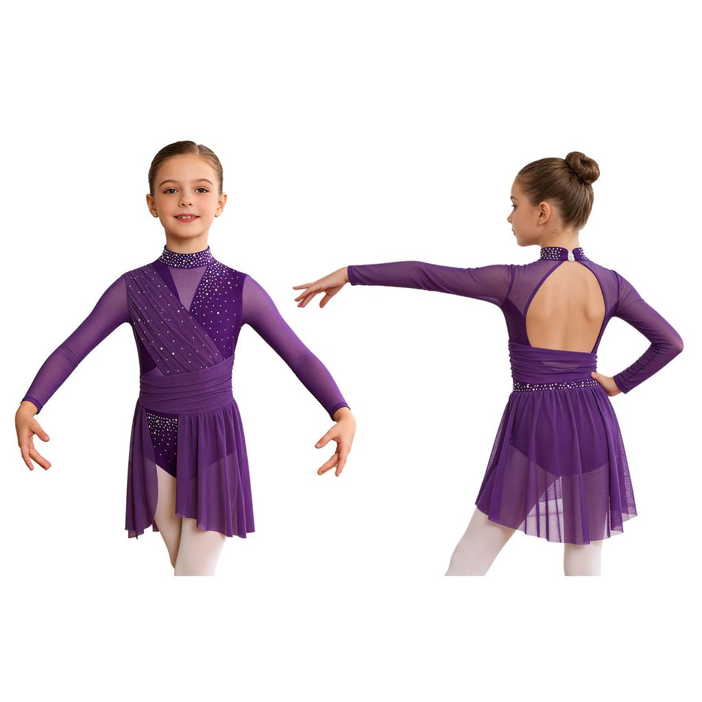 Girls Performance Dress Mock Neck Long Sleeve Cutout Back Sheer Mesh Ruched with Glittery Rhinestones