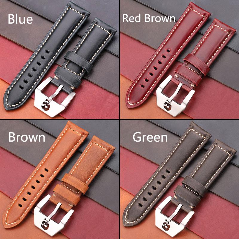 Watchband Vintage Watchbands 22mm 24mm 26mm Cow Leather Watch Strap Band Red Blue Green Brown With Skeleton Pin Buckle