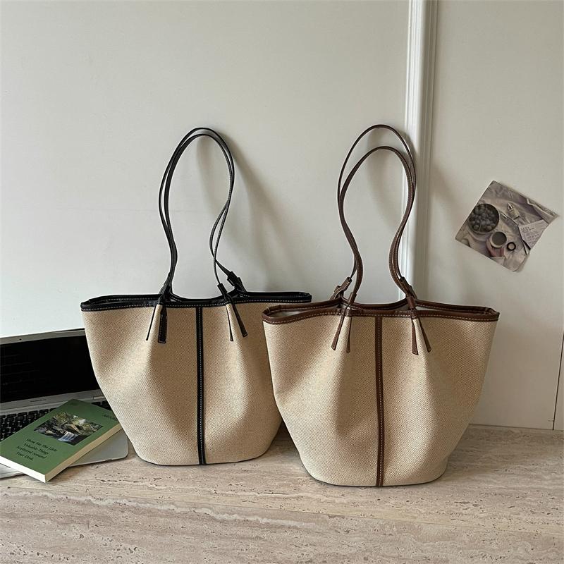 Canvas-Tragetasche mit Kontrastbesatz und langen Trägern, lässige Alltags-Einkaufstasche für Damen, für den täglichen Gebrauch