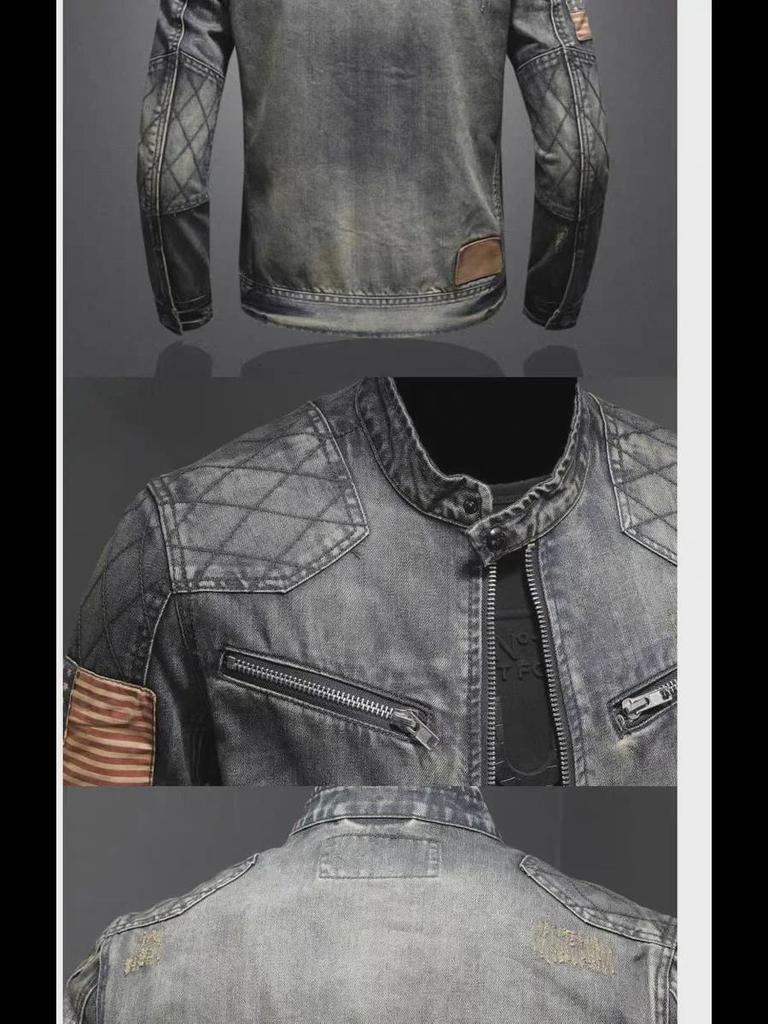 Pánská retro džínová bunda na motorku s límečkem - evropský a americký pouliční styl na podzim/zimu.