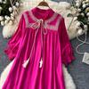 Elegant Retro Lace Up Summer Dress for Women A Line Ruffle Lantern Sleeve Loose Vacation Sweet O Neck Dresses
