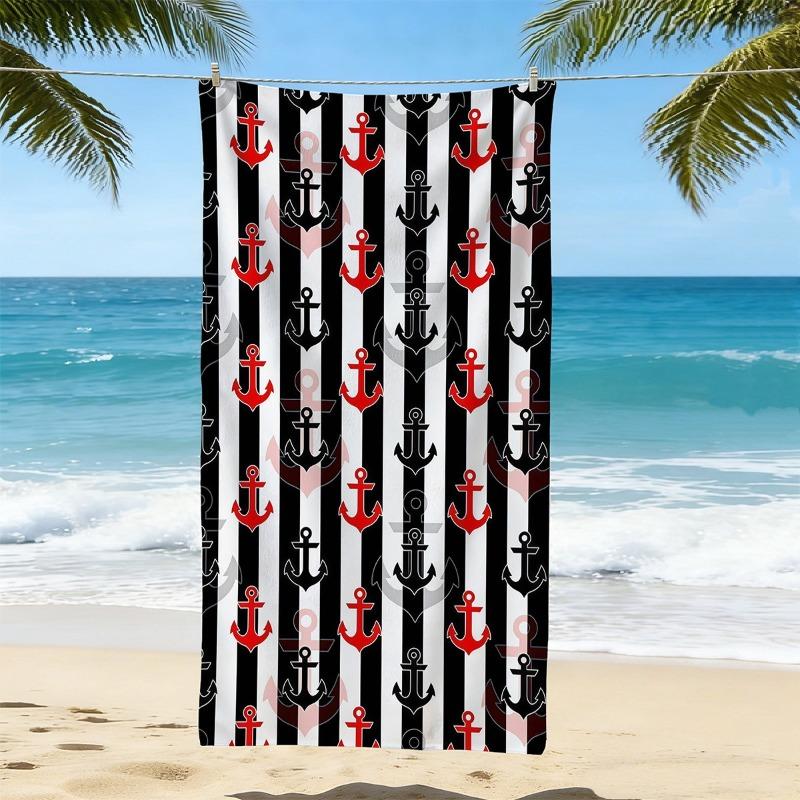 Nautical Anchor Striped Beach Towel Geometric Lines Pattern Quick Dry Sandproof Absorbent Towel for Summer Beach Travel Vacation