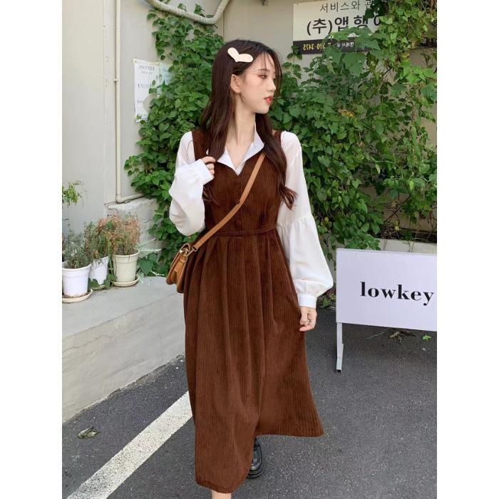 Corduroy, Winter Clothes, Sweet Mori Medium and Long Waist A-shaped Skirt, V-neck Strap Dress, Women's Suit Skirt.