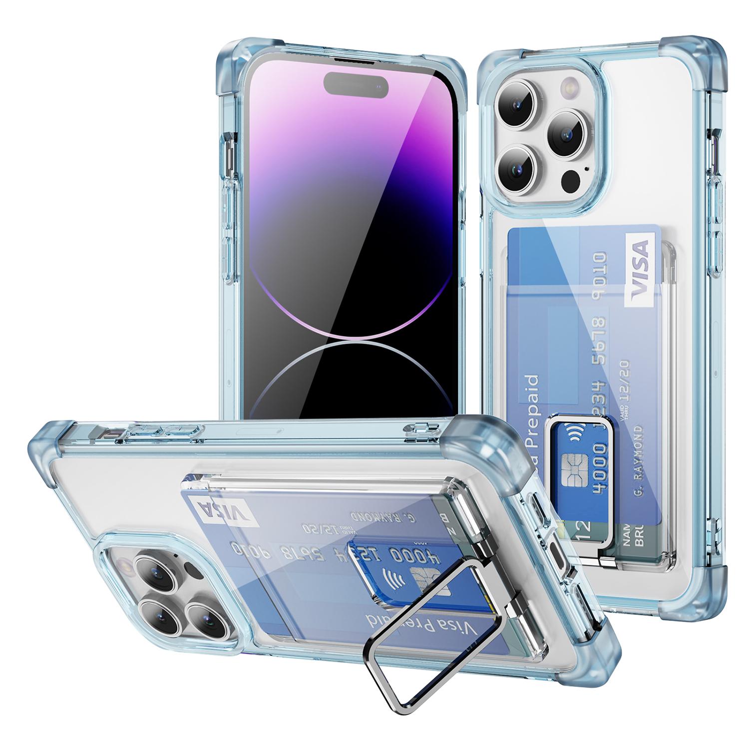 

For iPhone 14 Pro Max Case Reinforced Corners TPU+Acrylic Phone Cover with Kickstand Card Holder Transparent Blue
