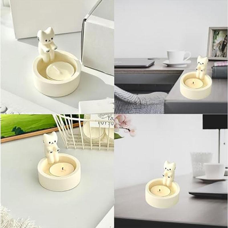 1pc, Kitten Candle Holder, Office Decoration Ceramic Art Dining Table Candle Holder Decoration, Cartoon Kitten Candle Holder