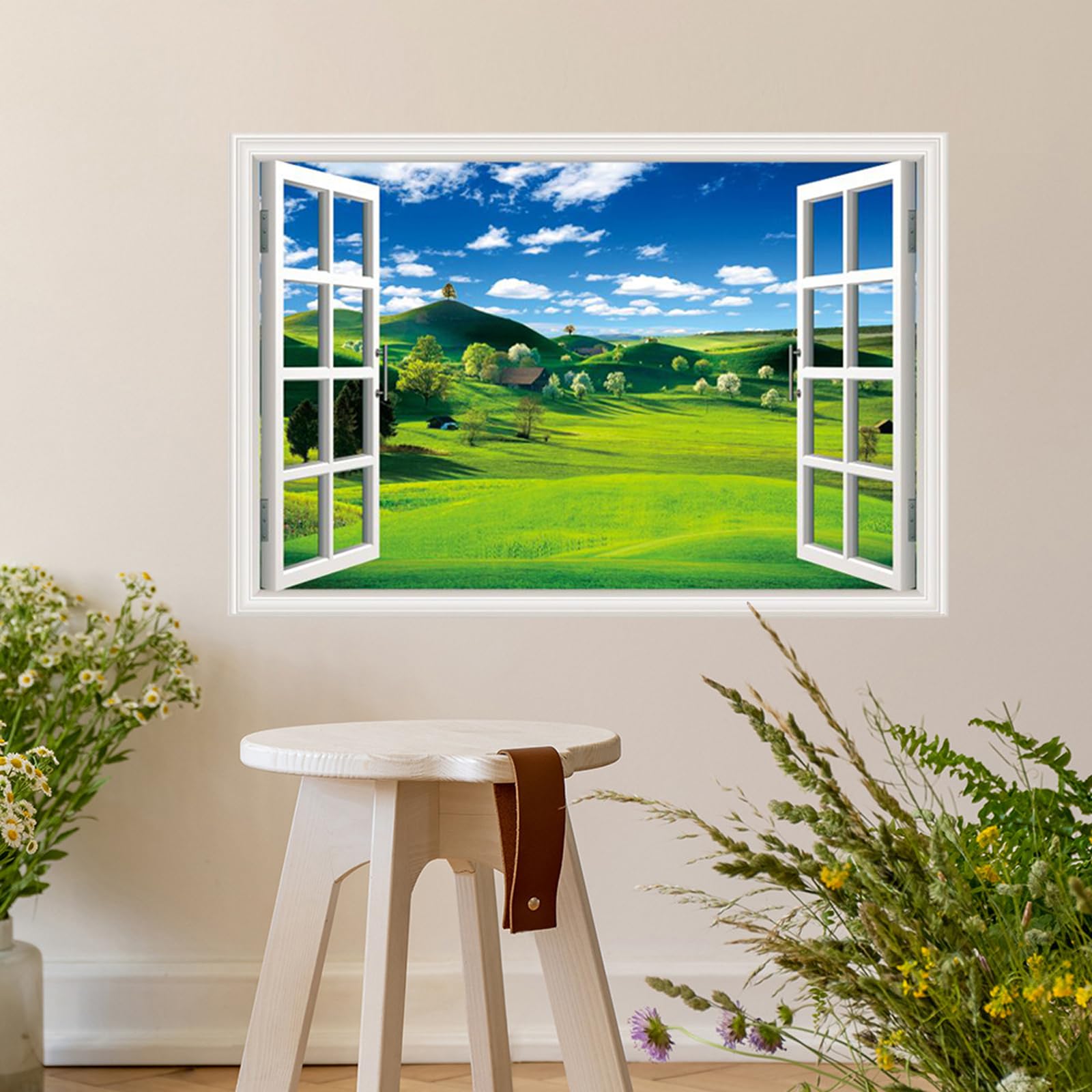

Wall Sticker Window Landscape Spring 3D Window Frame Landscape Wallpaper Sticker Wallpaper Decal Removable Stylish Nordic Blue Sky White Clouds Forest