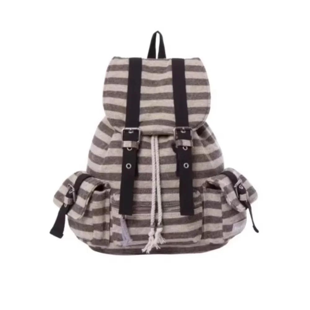 

Casual Korean Style Backpacks Flat Stripe Large Capacity Bookbags Drawstring Design Soft Tote Bags Unisex коричневый