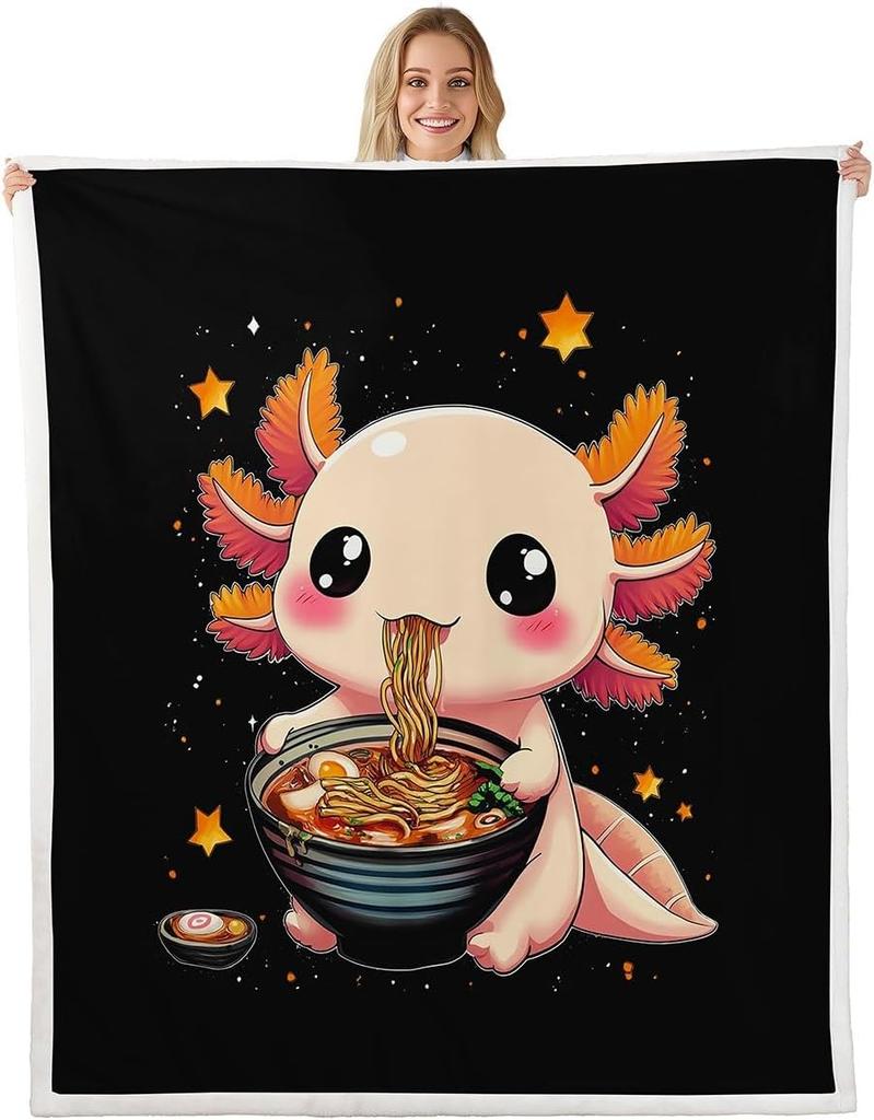 Cute Pink Axolotl Blanket Soft Fleece Throw Cherry Blossom Design Fantasy Art Kids Room Decor