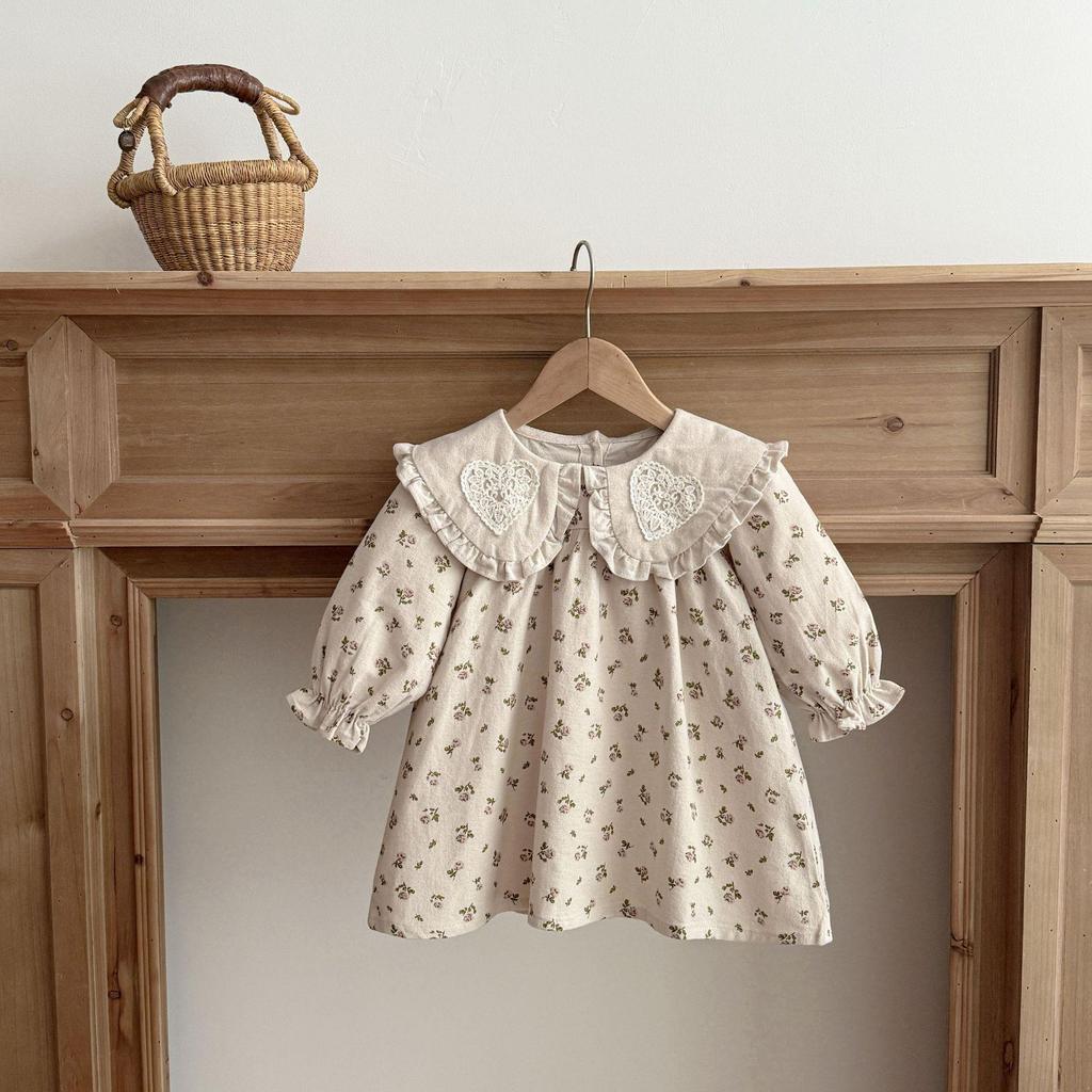 Korean Style Floral Long Sleeve Princess Dress & Baby Romper Set for Girls