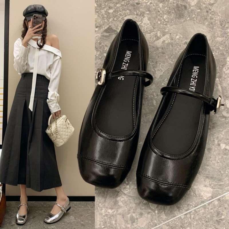 French with skirt silver round head Mary Jane shoes women's spring 2025 new evening flat one-word strap single shoes