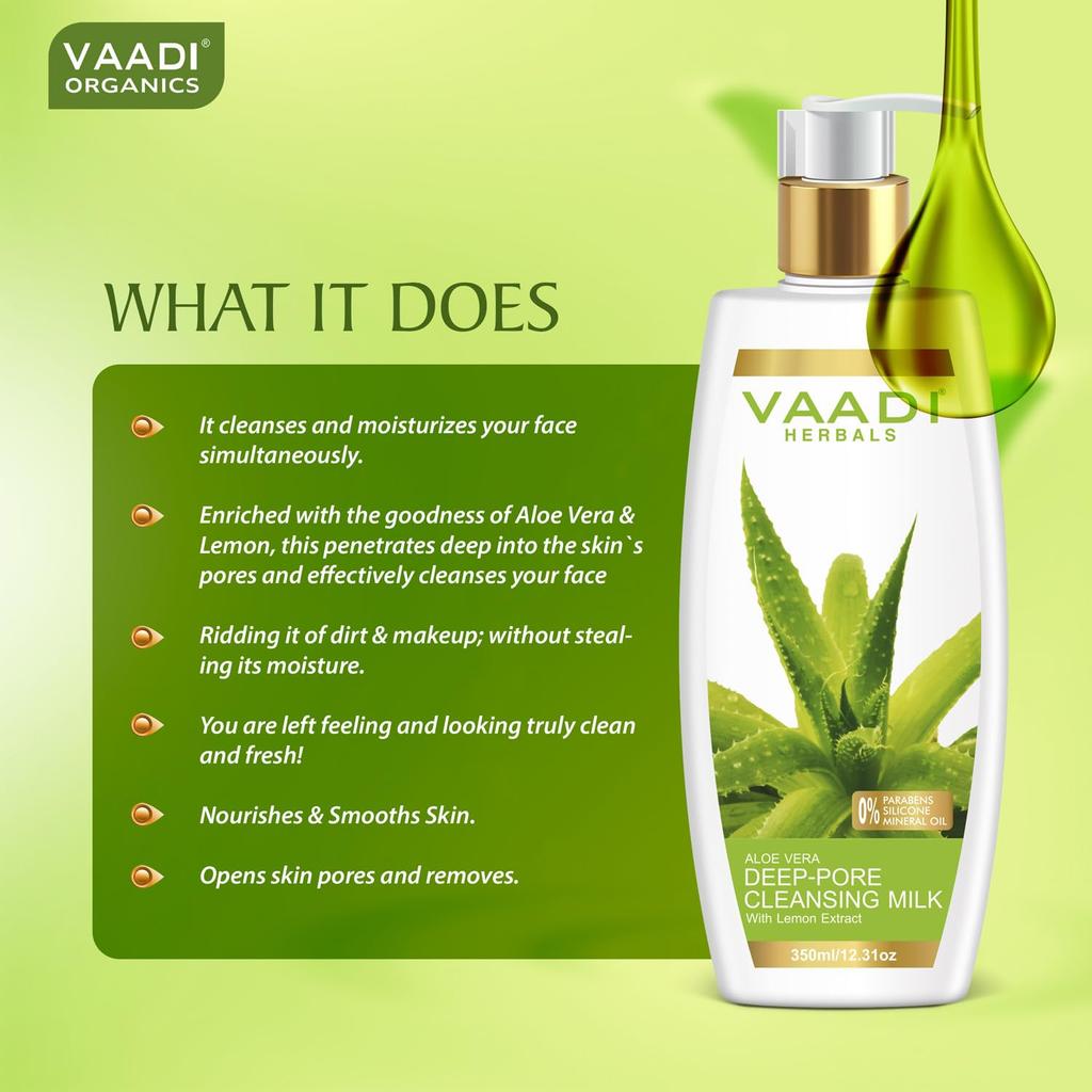 Vaadi Herbals Aloe Vera Deep Pore Cleansing Milk 350 Ml Gentle Makeup Remover Hydrating Facial Cleanser For All Skin Types