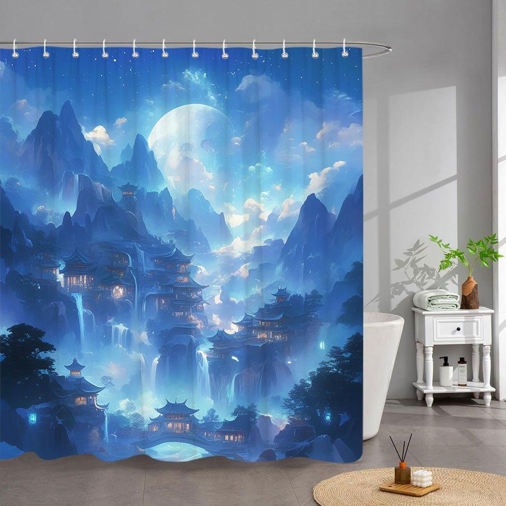

1Pc Mystical Mountain Bath Curtain - Nighttime East Asian Village With Blue Glow Waterfalls, Snow-Capped Peaks & Full Moon Fanta W60H190(CM)-1 Pcs