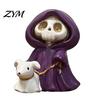 Holiday Skeleton Figurine Purple Robe for Halloween, Middle Finger Table Ornament Resin Statue, Gothic Walking Dog Sculpture