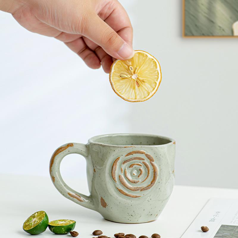 Japanese-style Mug Coarse Pottery Retro Coffee Cup Handmade Relief Rose Ceramic Cup Milk Breakfast Teacup Drinking Utensils Gift