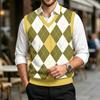 Men's Casual V-Neck Wool Knit Sweater Vest with Christmas Plaid Print