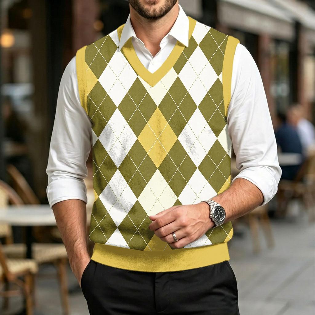 Men's Casual V-Neck Wool Knit Sweater Vest with Christmas Plaid Print