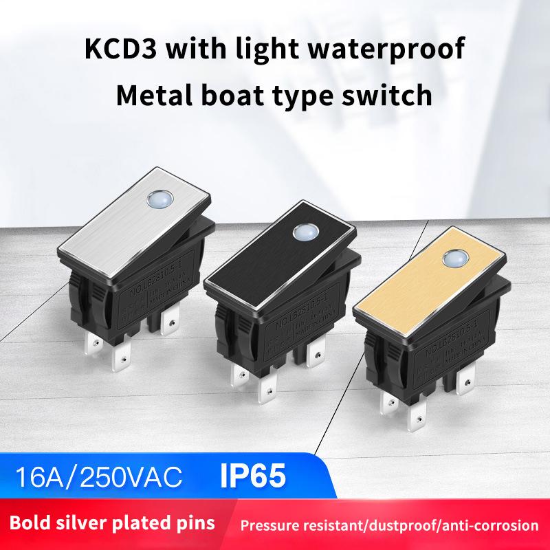 1PC 220V Marine LED Metal Rocker Switch With Dot Light KCD3 Aluminum IP65 Toggle Switch Panel