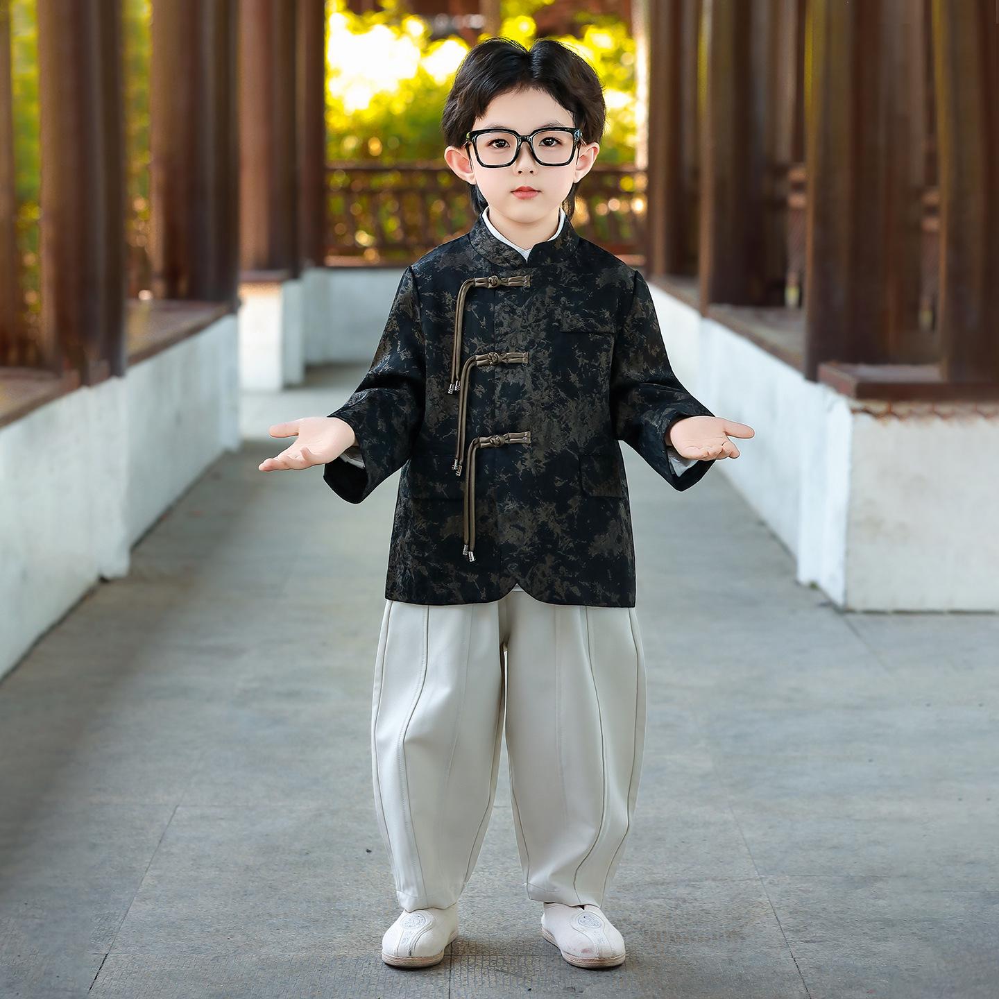 

Осенний костюм Тан для мальчиков: Стильный костюм ханьфу из двух частей 150 cm